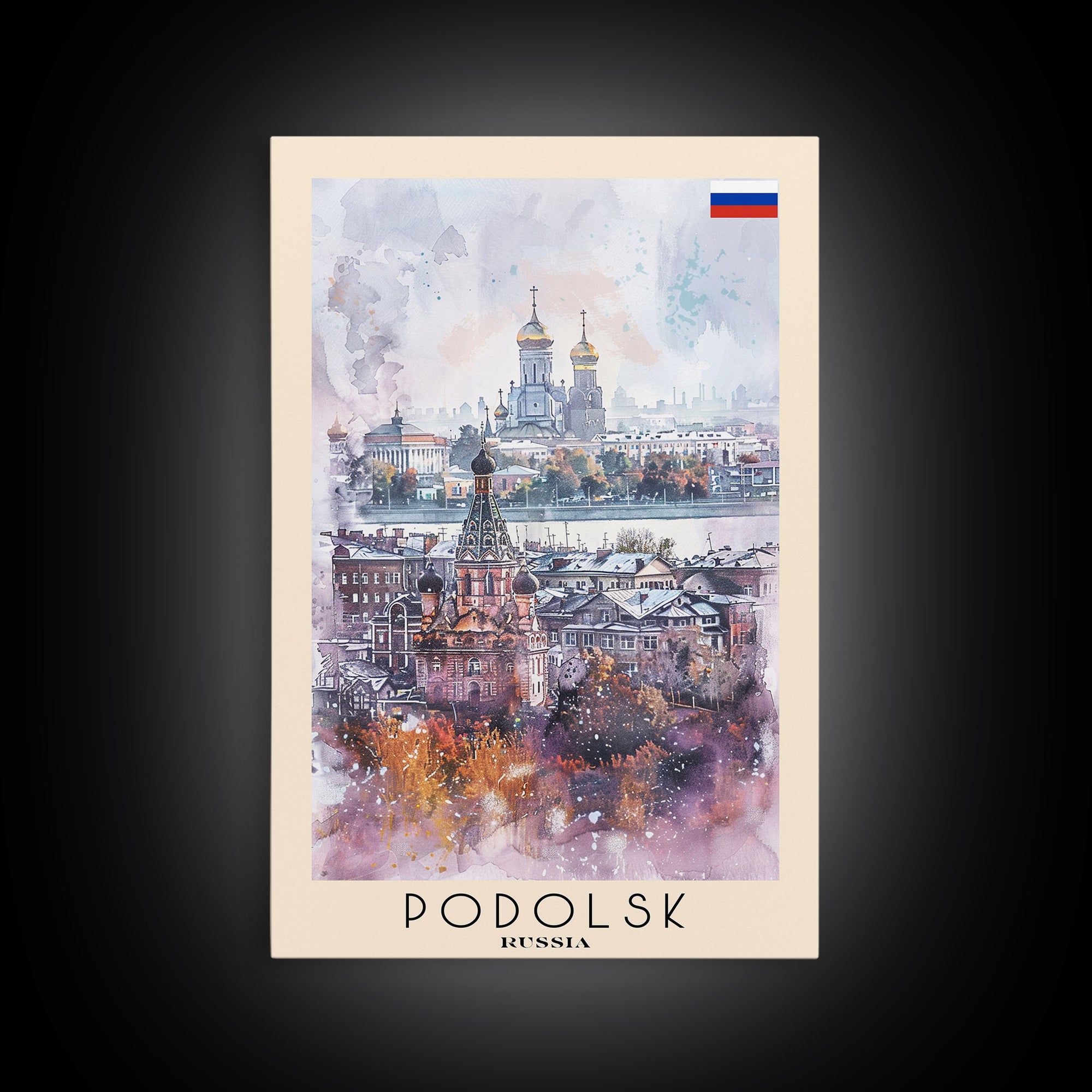 Podolsk Russia Travel Poster Framed Canvas Print, Watercolor Painting, Urban Wall Art, Home Decor, Russian Cityscape, Contemporary Art