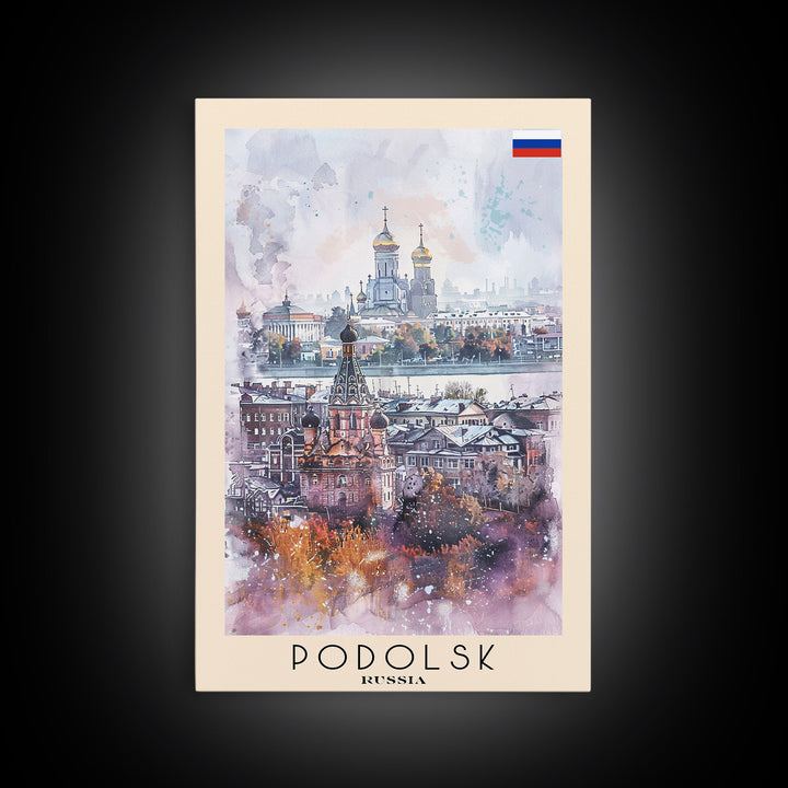 Podolsk Russia Travel Poster Framed Canvas Print, Watercolor Painting, Urban Wall Art, Home Decor, Russian Cityscape, Contemporary Art