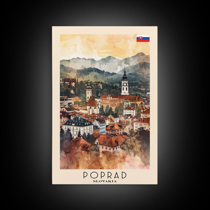 Poprad Slovakia Travel Poster Framed Canvas Print, Watercolor Painting, Scenic Wall Art, Home Decor, Slovakian Landscape, Classic Art