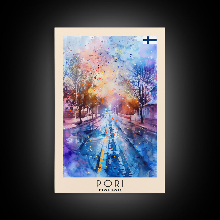 Pori Finland Travel Poster Framed Canvas Print, Watercolor Painting, Scenic Wall Art, Home Decor, Finnish Seaside, Minimalist Art