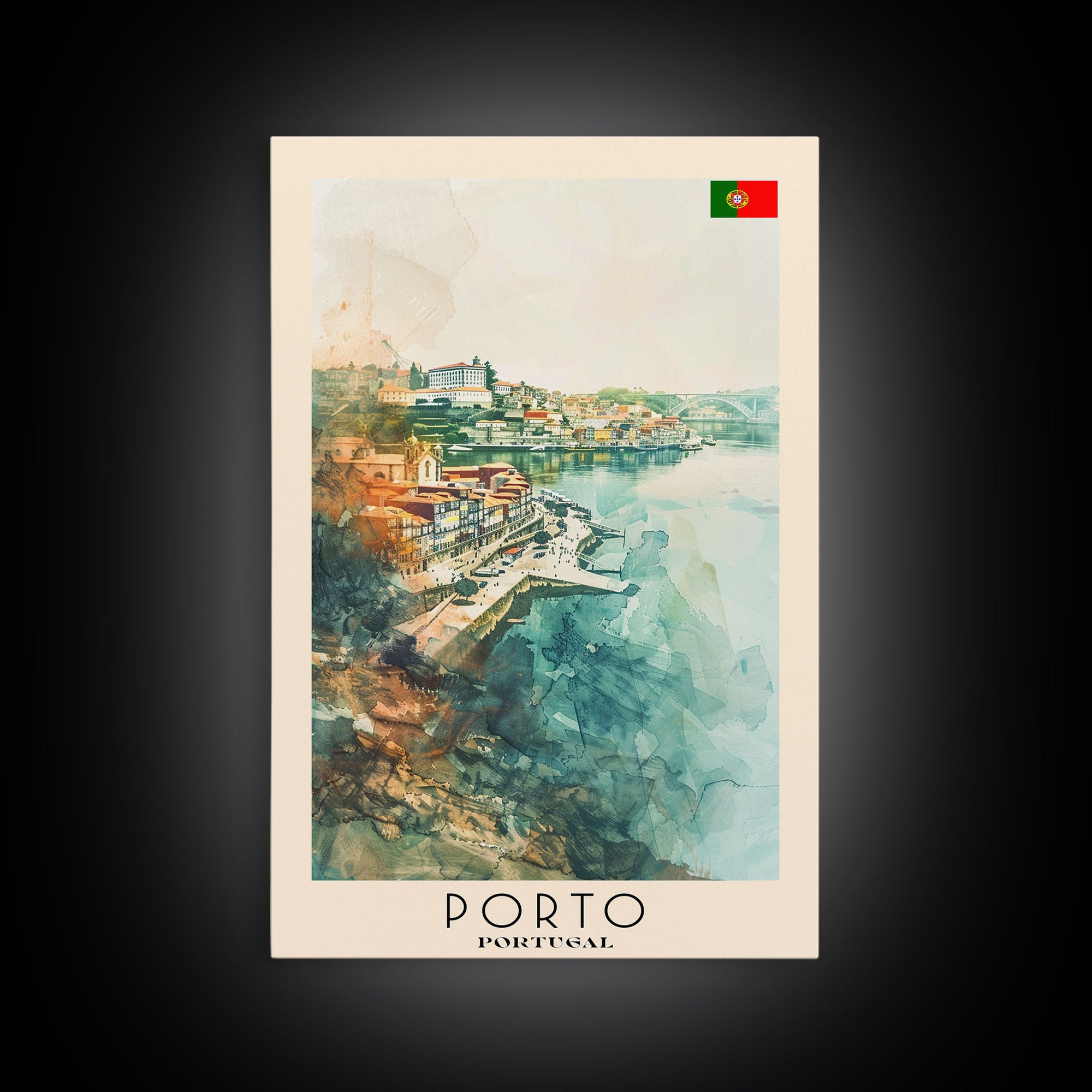 Porto Portugal Travel Poster Framed Canvas Print, Watercolor Painting, Coastal Wall Art, Home Decor, Portuguese Seaside, Vibrant Art