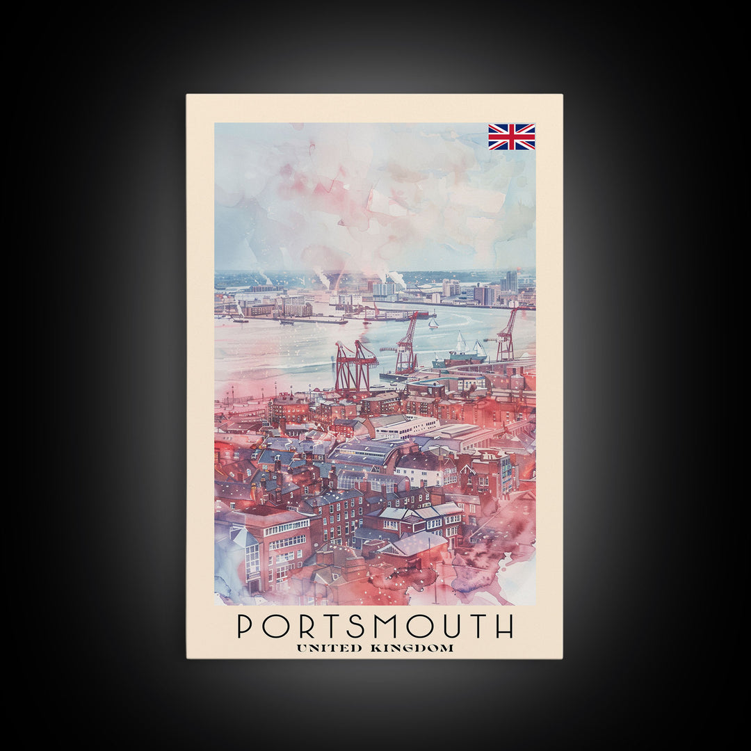 Portsmouth United Kingdom Travel Poster Framed Canvas Print, Watercolor Painting, Coastal Wall Art, Home Decor, British Seaside, Modern Art