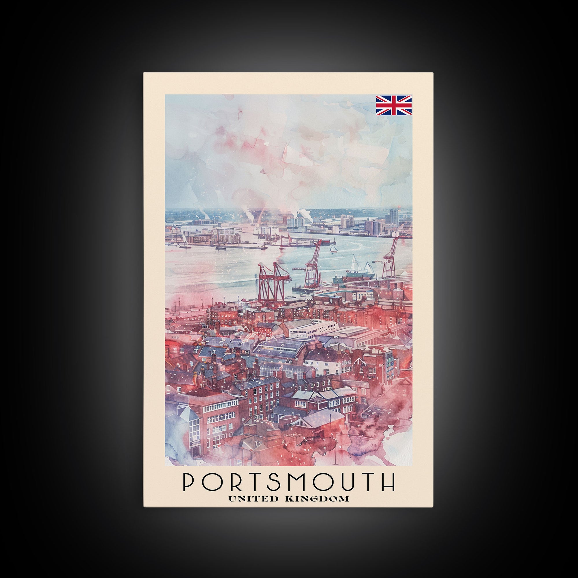 Portsmouth United Kingdom Travel Poster Framed Canvas Print, Watercolor Painting, Coastal Wall Art, Home Decor, British Seaside, Modern Art