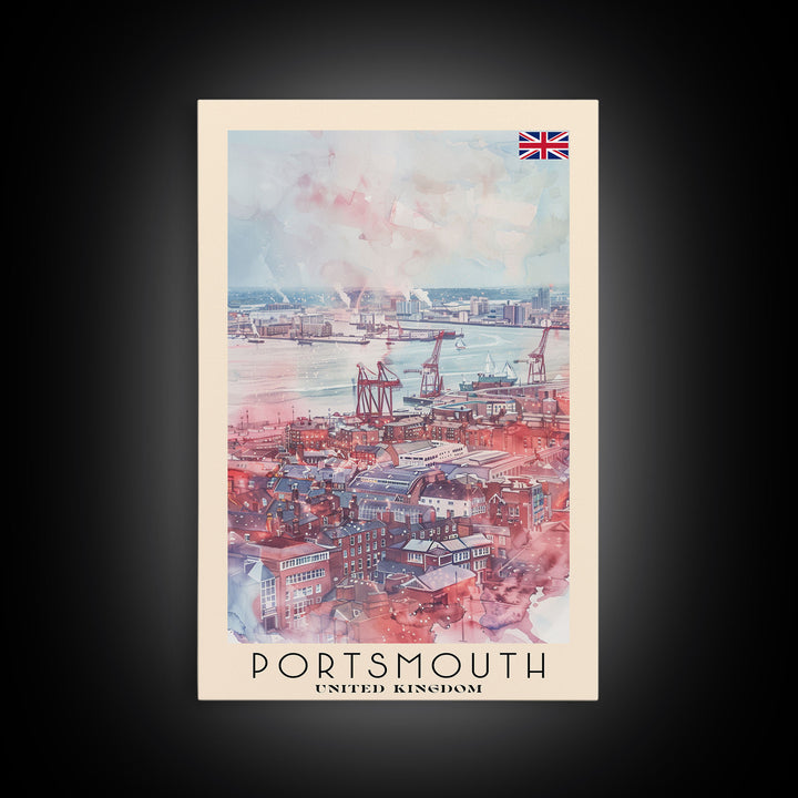 Portsmouth United Kingdom Travel Poster Framed Canvas Print, Watercolor Painting, Coastal Wall Art, Home Decor, British Seaside, Modern Art