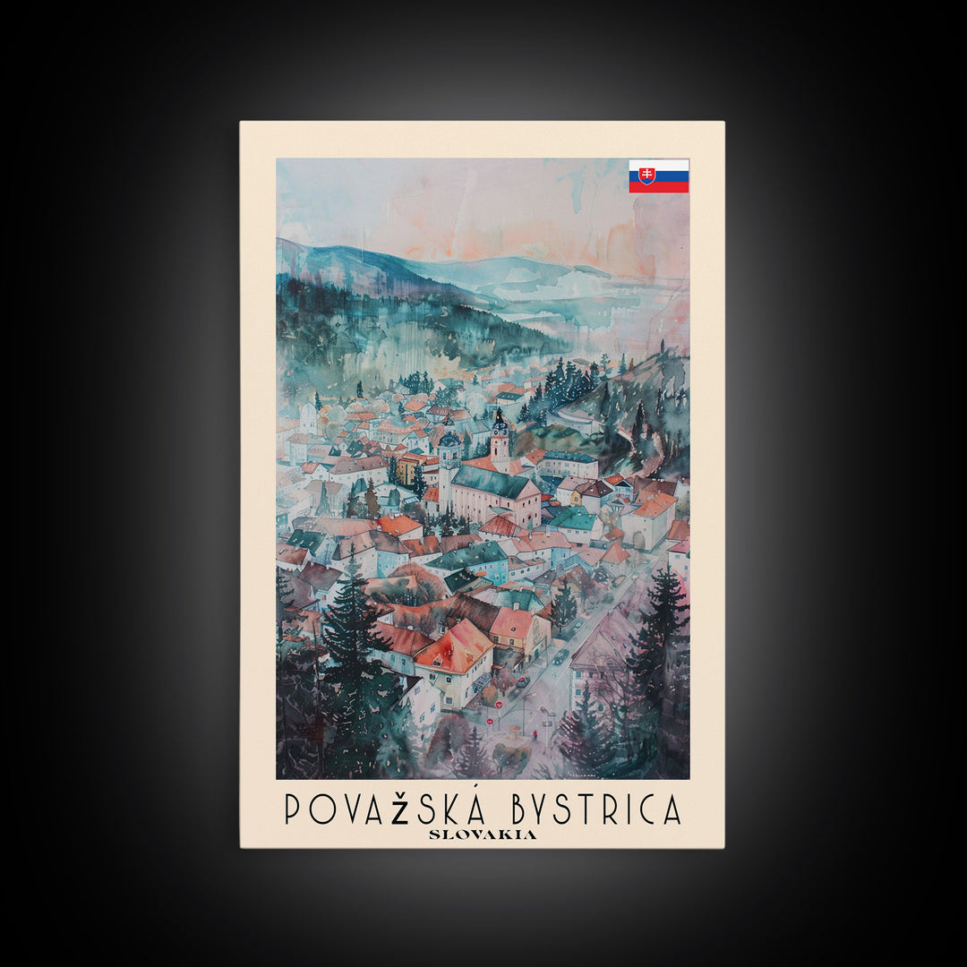 Povazska Bystrica Slovakia Travel Poster Framed Canvas Print, Watercolor Painting, Scenic Wall Art, Home Decor, Slovakian Landscape, Modern Decor