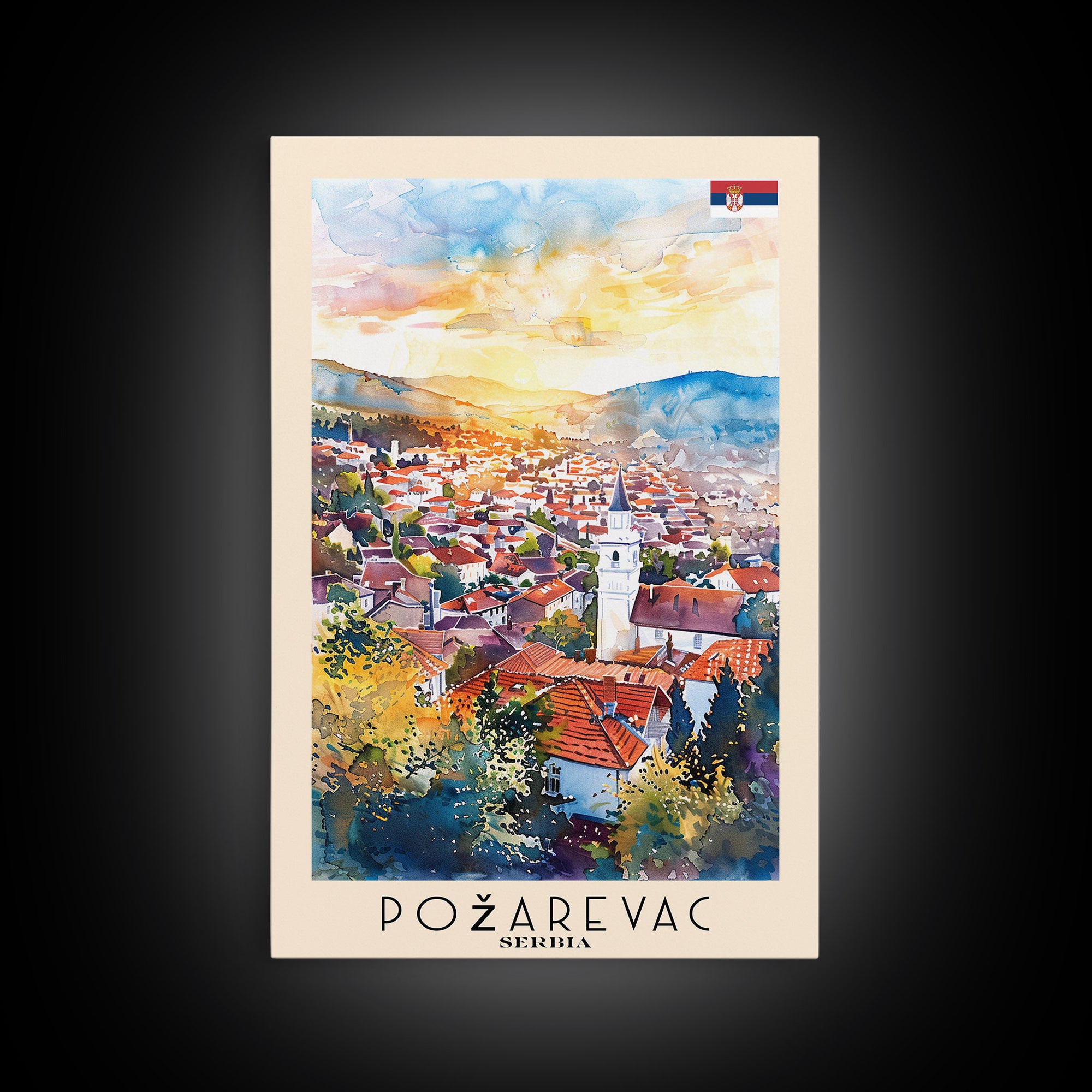 Pozega Serbia Travel Poster Framed Canvas Print, Watercolor Painting, Scenic Wall Art, Home Decor, Serbian Landscape, Classic Art