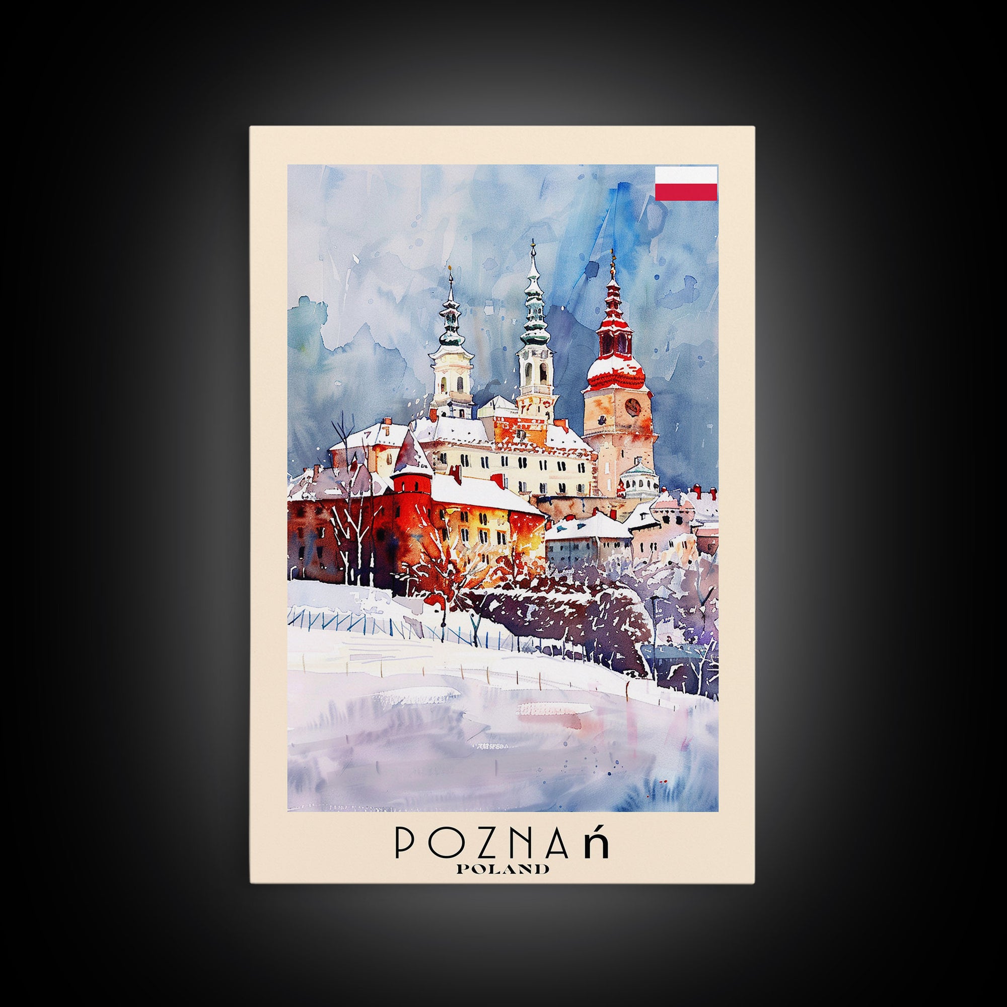 Poznan Poland Travel Poster Framed Canvas Print, Watercolor Painting, Scenic Wall Art, Home Decor, Polish Cityscape, Modern Art
