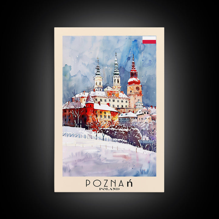 Poznan Poland Travel Poster Framed Canvas Print, Watercolor Painting, Scenic Wall Art, Home Decor, Polish Cityscape, Modern Art