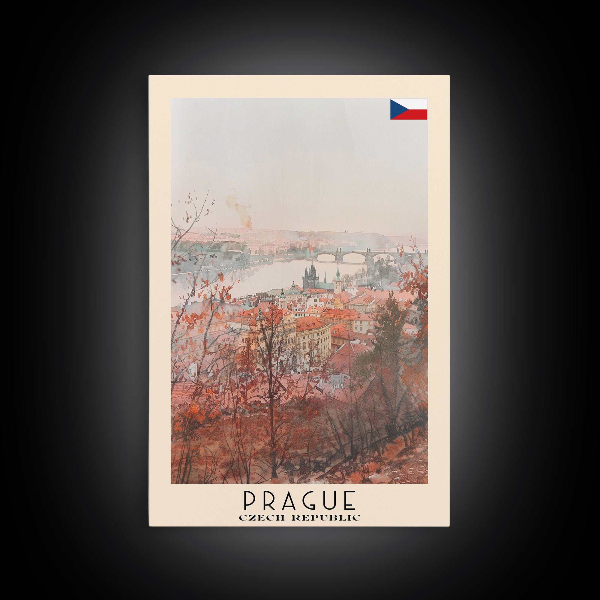 Prague Czech Republic Travel Poster Framed Canvas Print, Watercolor Painting, Historic Wall Art, Home Decor, Czech Architecture, Classic Decor