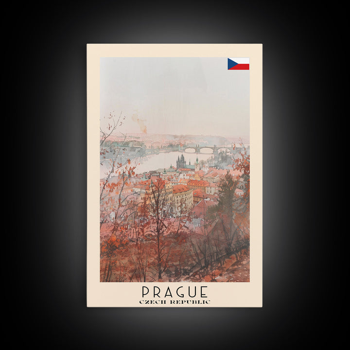 Prague Czech Republic Travel Poster Framed Canvas Print, Watercolor Painting, Historic Wall Art, Home Decor, Czech Architecture, Classic Decor