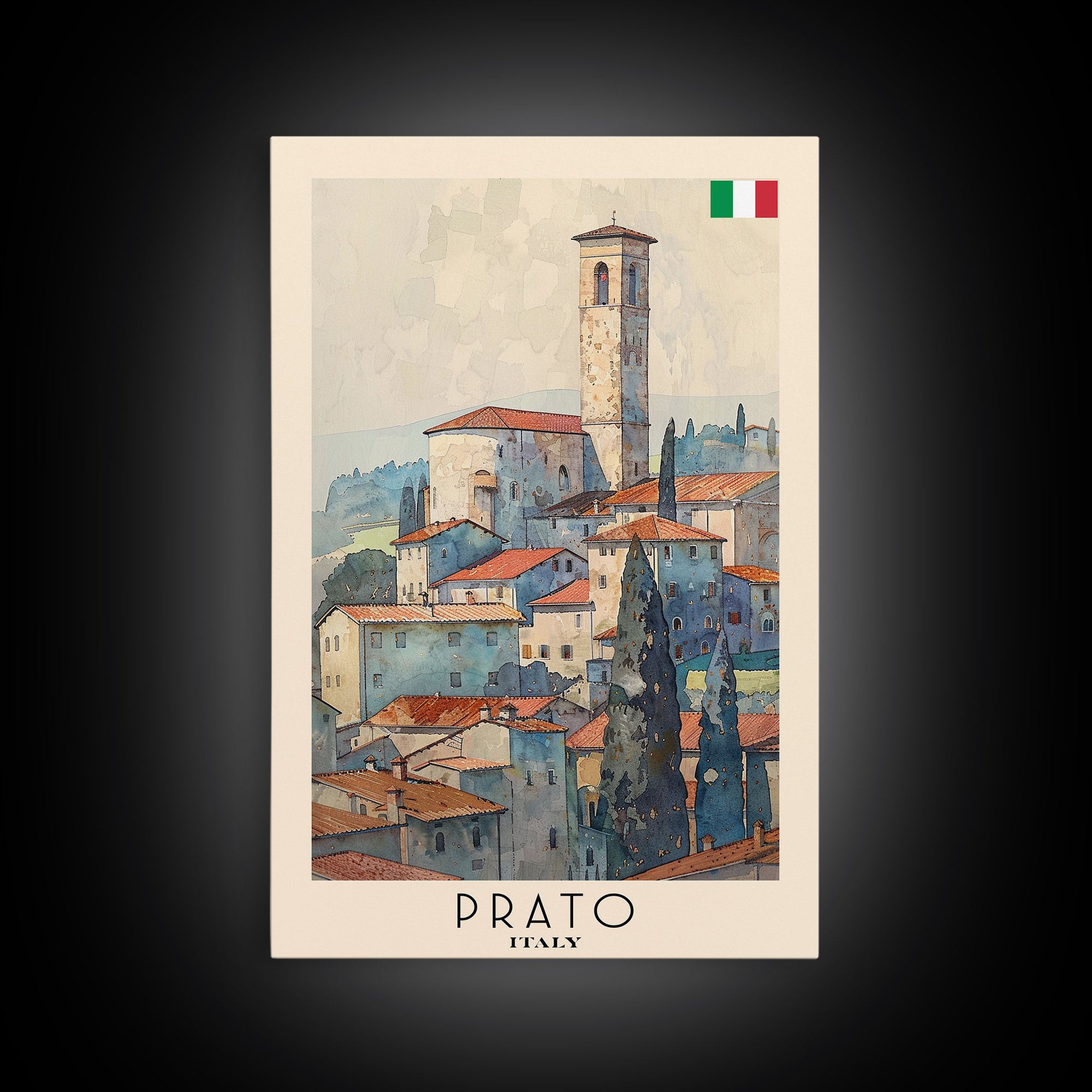 Prato Italy Travel Poster Framed Canvas Print, Watercolor Painting, Scenic Wall Art, Home Decor, Italian Landscape, Vibrant Art