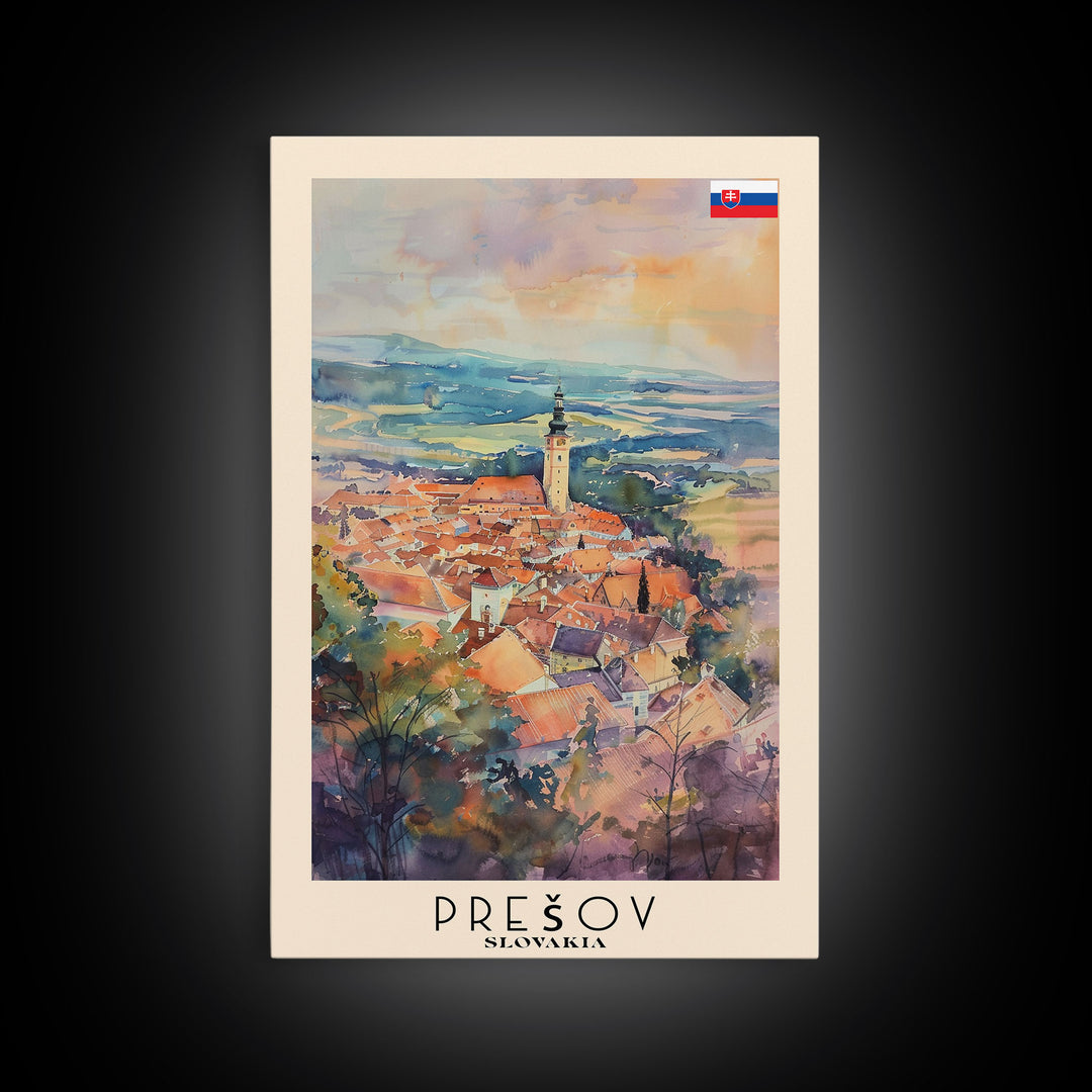 Presov Slovakia Travel Poster Framed Canvas Print, Watercolor Painting, Scenic Wall Art, Home Decor, Slovakian Cityscape, Artistic Decor