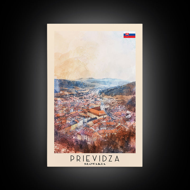 Prievidza Slovakia Travel Poster Framed Canvas Print, Watercolor Painting, Scenic Wall Art, Home Decor, Slovakian Landscape, Modern Art