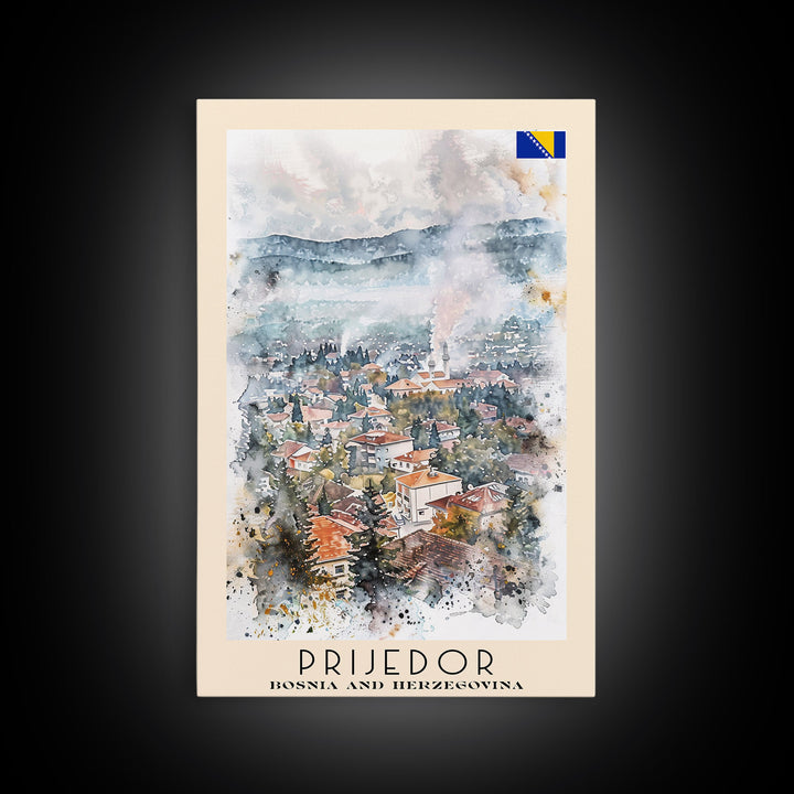 Prijedor Bosnia and Herzegovina Travel Poster Framed Canvas Print, Watercolor Painting, Scenic Wall Art, Home Decor, Bosnian Cityscape, Classic Art