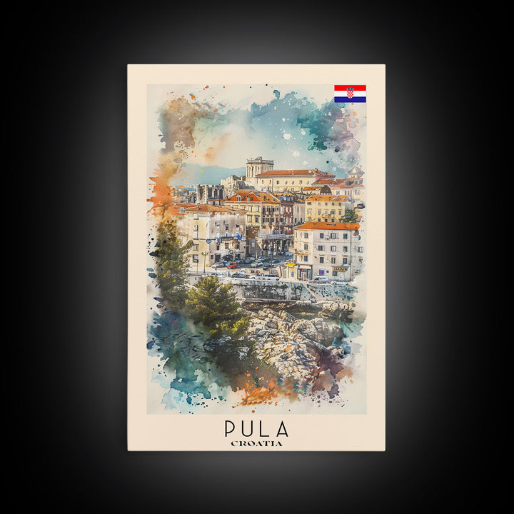 Pula Croatia Travel Poster Framed Canvas Print, Watercolor Painting, Coastal Wall Art, Home Decor, Croatian Seaside, Vibrant Decor