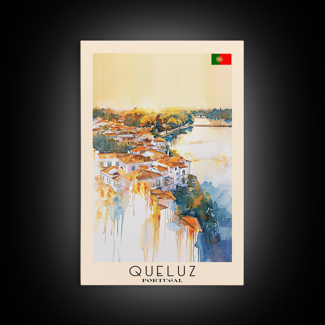 Queluz Portugal Travel Poster Framed Canvas Print, Watercolor Painting, Scenic Wall Art, Home Decor, Portuguese Landscape, Artistic Art