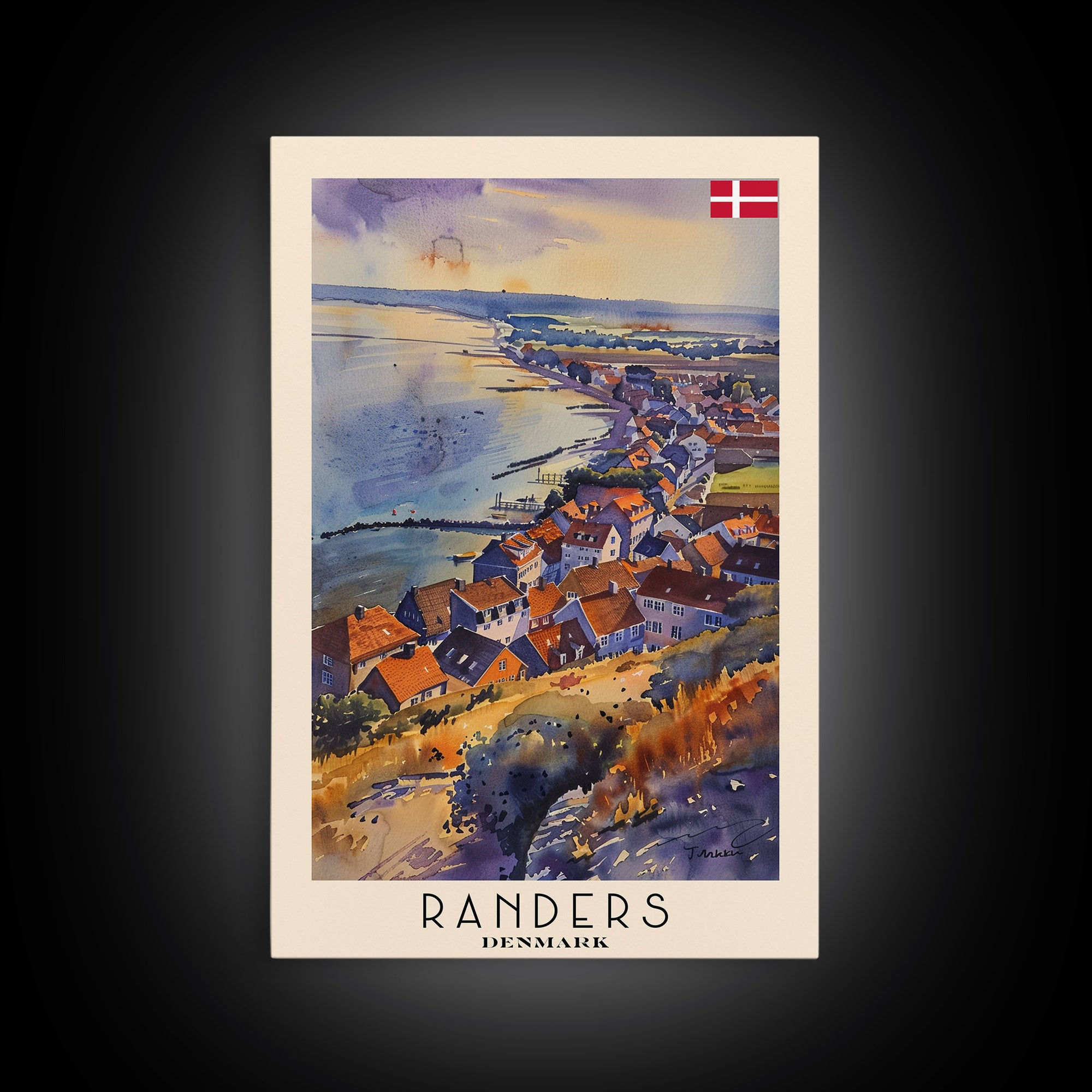Randers Denmark Travel Poster Framed Canvas Print, Watercolor Painting, Scenic Wall Art, Home Decor, Danish Landscape, Classic Art