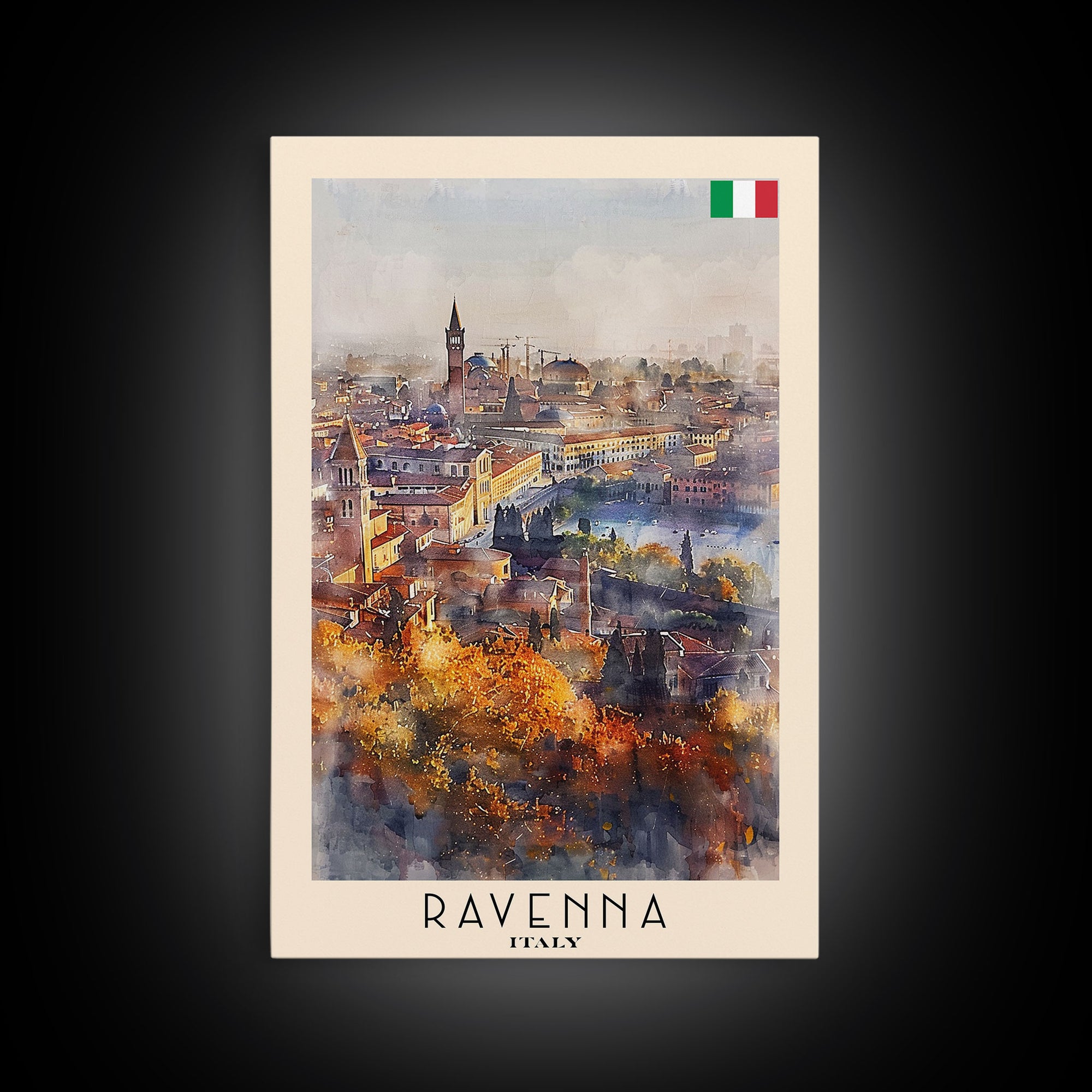 Ravenna Italy Travel Poster Framed Canvas Print, Watercolor Painting, Scenic Wall Art, Home Decor, Italian Cityscape, Historic Art