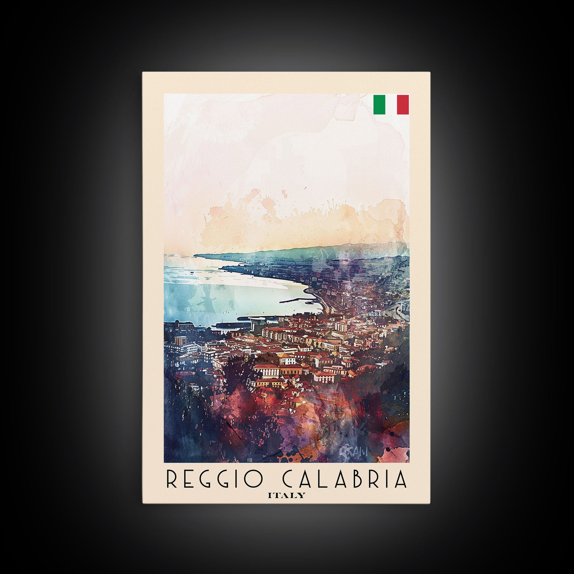 Reggio Calabria Italy Travel Poster Framed Canvas Print, Watercolor Painting, Coastal Wall Art, Home Decor, Italian Seaside, Vibrant Decor