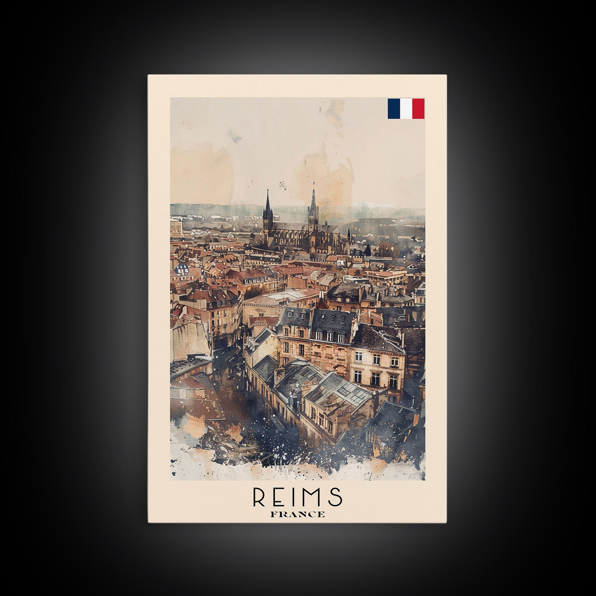 Reims France Travel Poster Framed Canvas Print, Watercolor Painting, Historic Wall Art, Home Decor, French Architecture, Classic Art