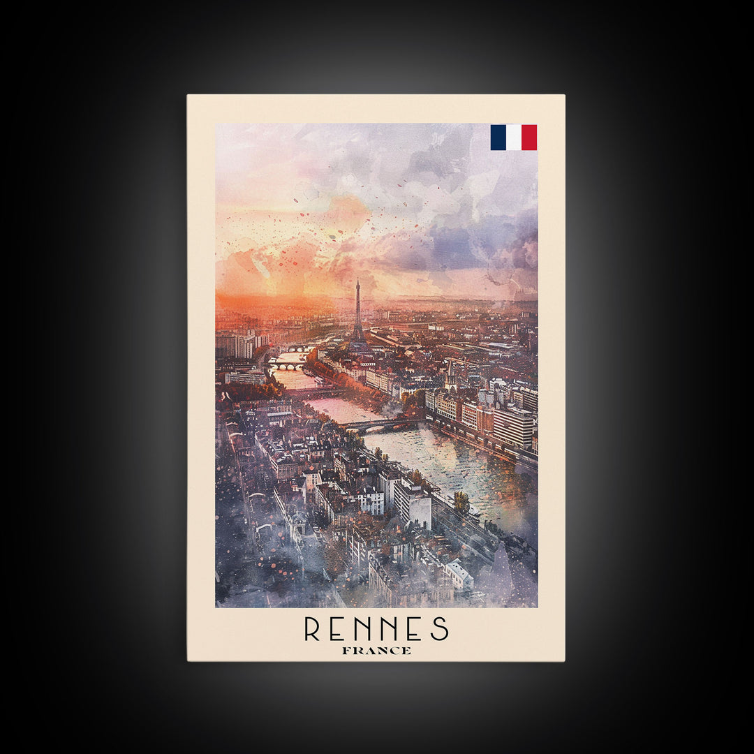 Rennes France Travel Poster Framed Canvas Print, Watercolor Painting, Scenic Wall Art, Home Decor, French Cityscape, Modern Decor