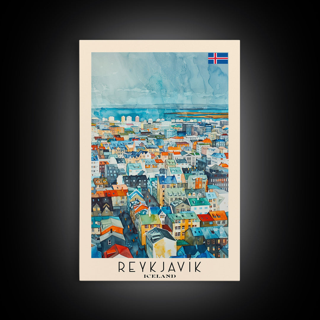 Reykjavik Iceland Travel Poster Framed Canvas Print, Watercolor Painting, Scenic Wall Art, Home Decor, Icelandic Landscape, Artistic Decor