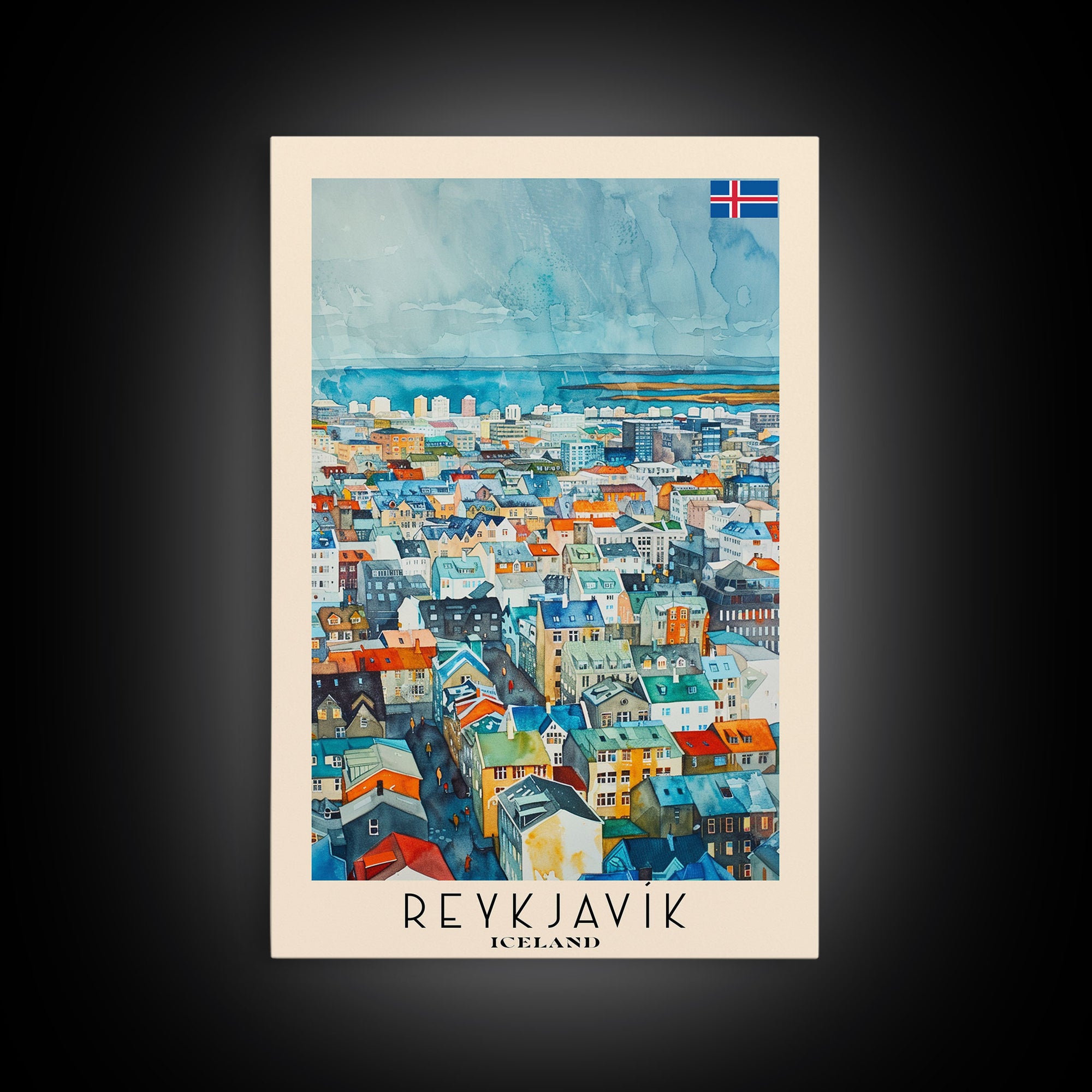 Reykjavik Iceland Travel Poster Framed Canvas Print, Watercolor Painting, Scenic Wall Art, Home Decor, Icelandic Landscape, Artistic Decor