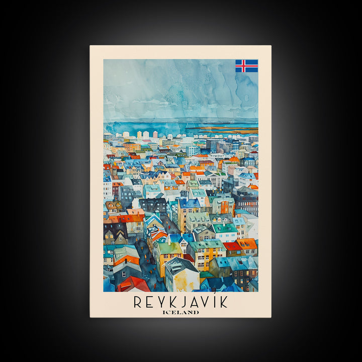 Reykjavik Iceland Travel Poster Framed Canvas Print, Watercolor Painting, Scenic Wall Art, Home Decor, Icelandic Landscape, Artistic Decor