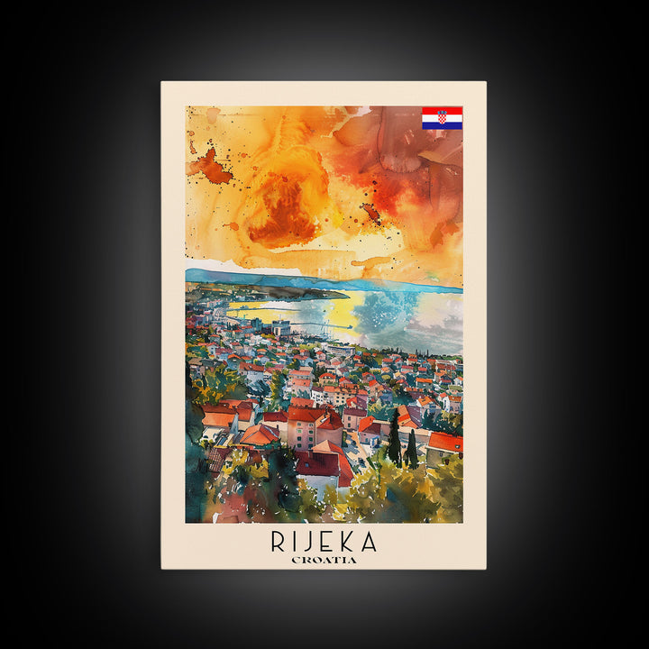 Rijeka Croatia Travel Poster Framed Canvas Print, Watercolor Painting, Coastal Wall Art, Home Decor, Croatian Seaside, Modern Art
