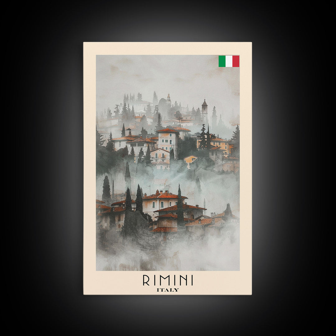 Rimini Italy Travel Poster Framed Canvas Print, Watercolor Painting, Coastal Wall Art, Home Decor, Italian Beach Scene, Vibrant Art