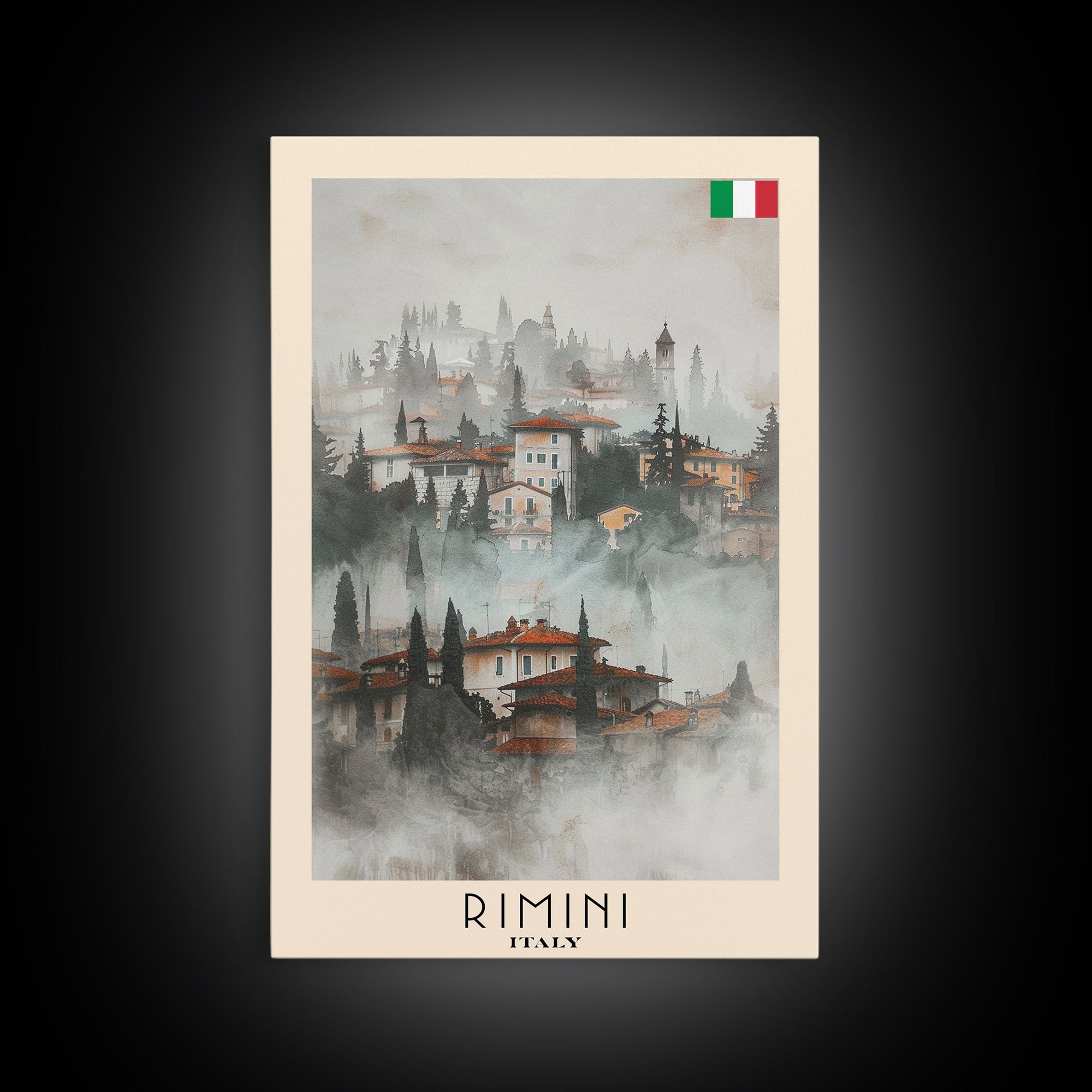 Rimini Italy Travel Poster Framed Canvas Print, Watercolor Painting, Coastal Wall Art, Home Decor, Italian Beach Scene, Vibrant Art