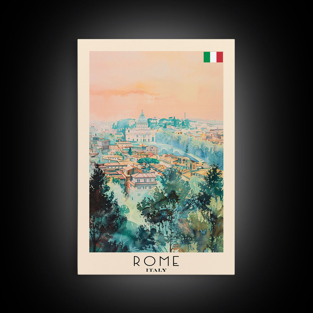 Rome Italy Travel Poster Framed Canvas Print, Watercolor Painting, Historic Wall Art, Home Decor, Italian Cityscape, Classic Art