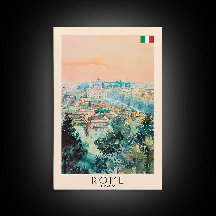 Rome Italy Travel Poster Framed Canvas Print, Watercolor Painting, Historic Wall Art, Home Decor, Italian Cityscape, Classic Art