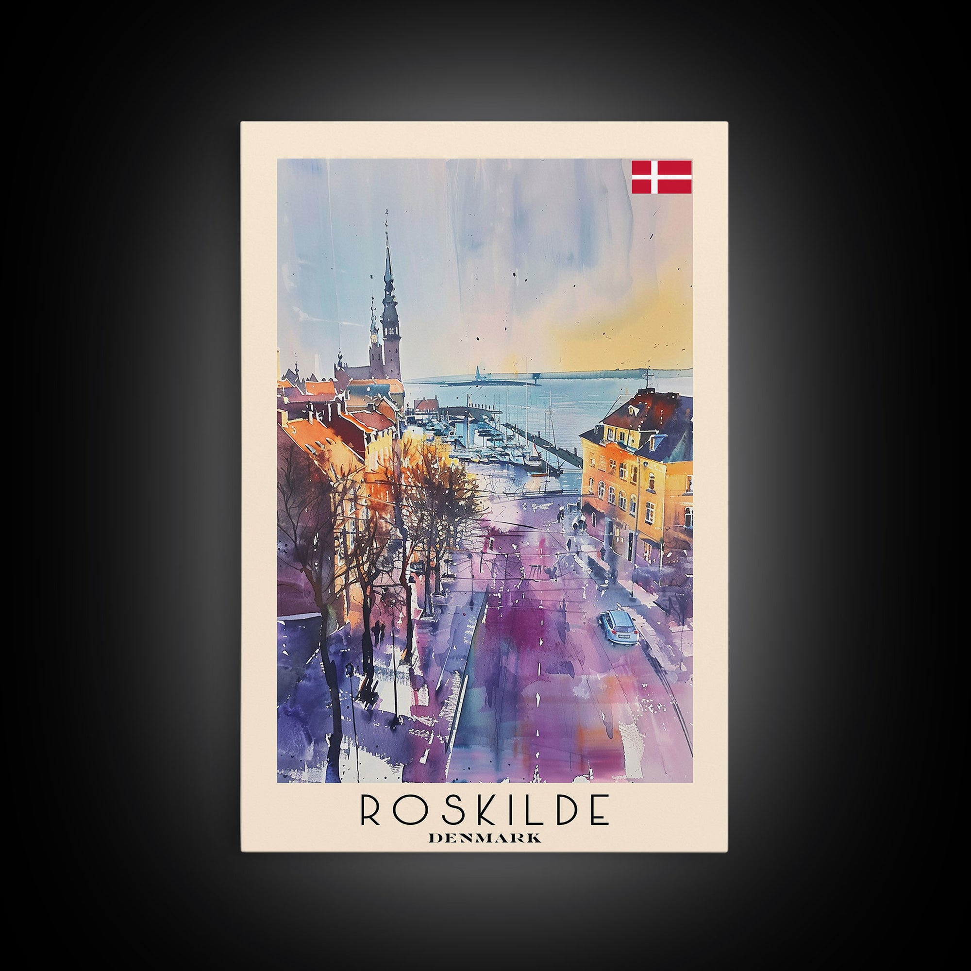 Roskilde Denmark Travel Poster Framed Canvas Print, Watercolor Painting, Scenic Wall Art, Home Decor, Danish Landscape, Modern Decor