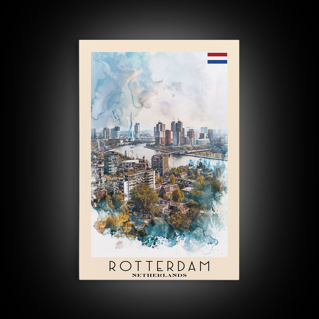 Rotterdam Netherlands Travel Poster Framed Canvas Print, Watercolor Painting, Urban Wall Art, Home Decor, Dutch Cityscape, Artistic Decor