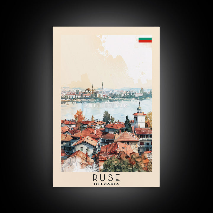 Ruse Bulgaria Travel Poster Framed Canvas Print, Watercolor Painting, Scenic Wall Art, Home Decor, Bulgarian Landscape, Classic Art