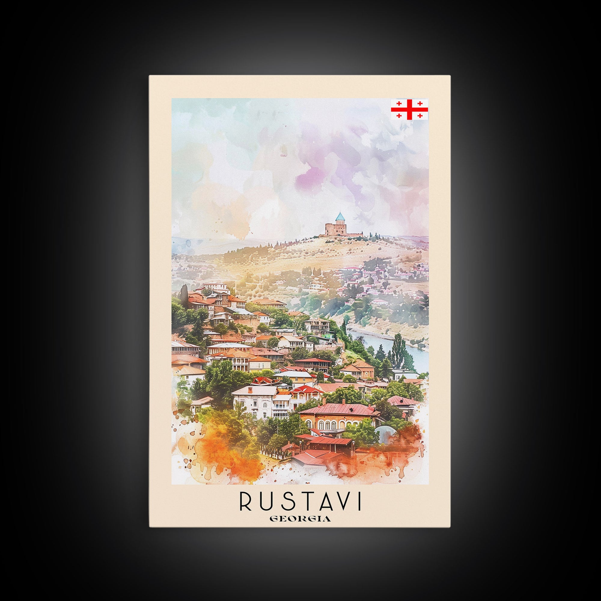 Rustavi Georgia Travel Poster Framed Canvas Print, Watercolor Painting, Scenic Wall Art, Home Decor, Georgian Landscape, Vibrant Decor