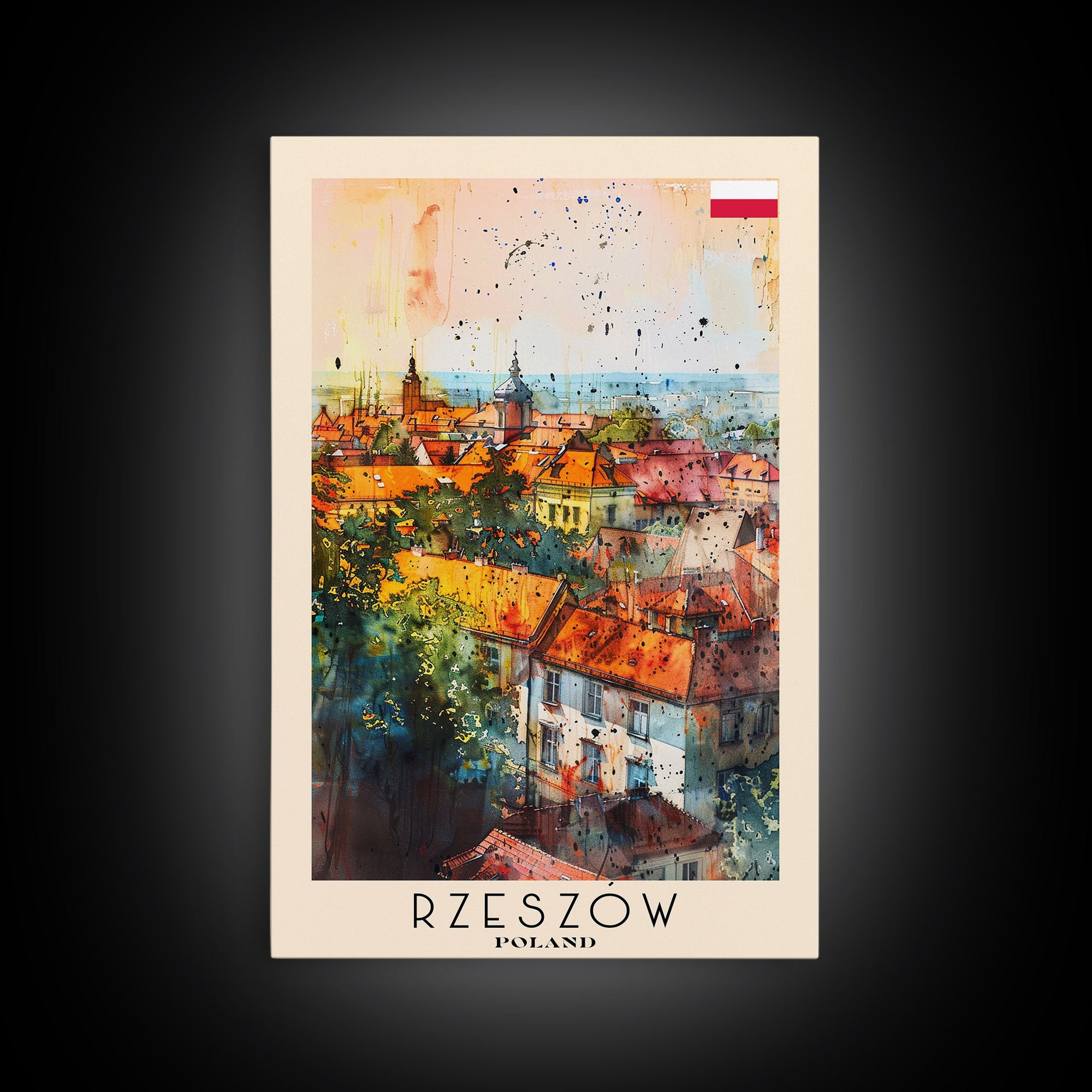 Rzeszow Poland Travel Poster Framed Canvas Print, Watercolor Painting, Urban Wall Art, Home Decor, Polish Cityscape, Classic Decor