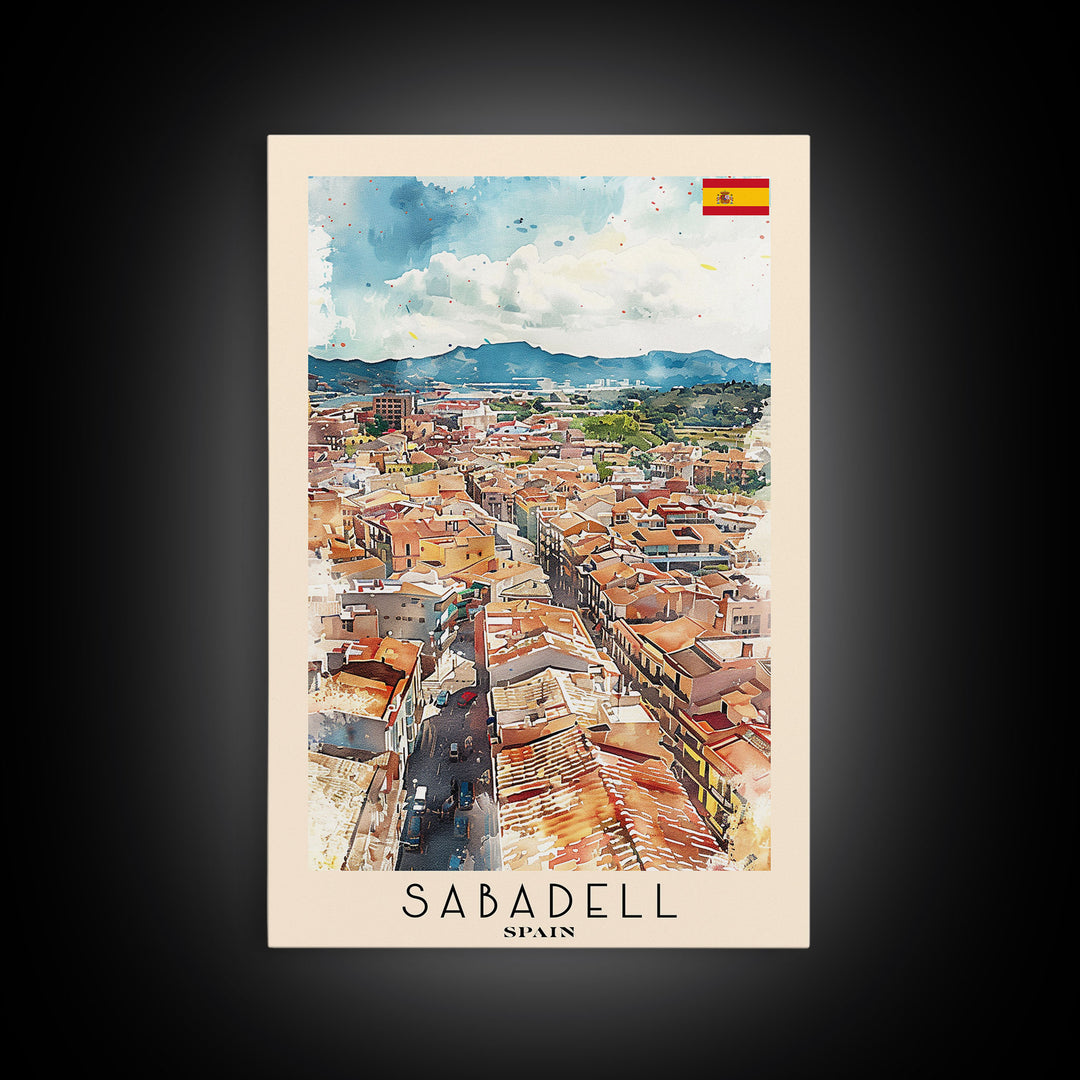 Sabadell Spain Travel Poster Framed Canvas Print, Watercolor Painting, Scenic Wall Art, Home Decor, Spanish Landscape, Artistic Art