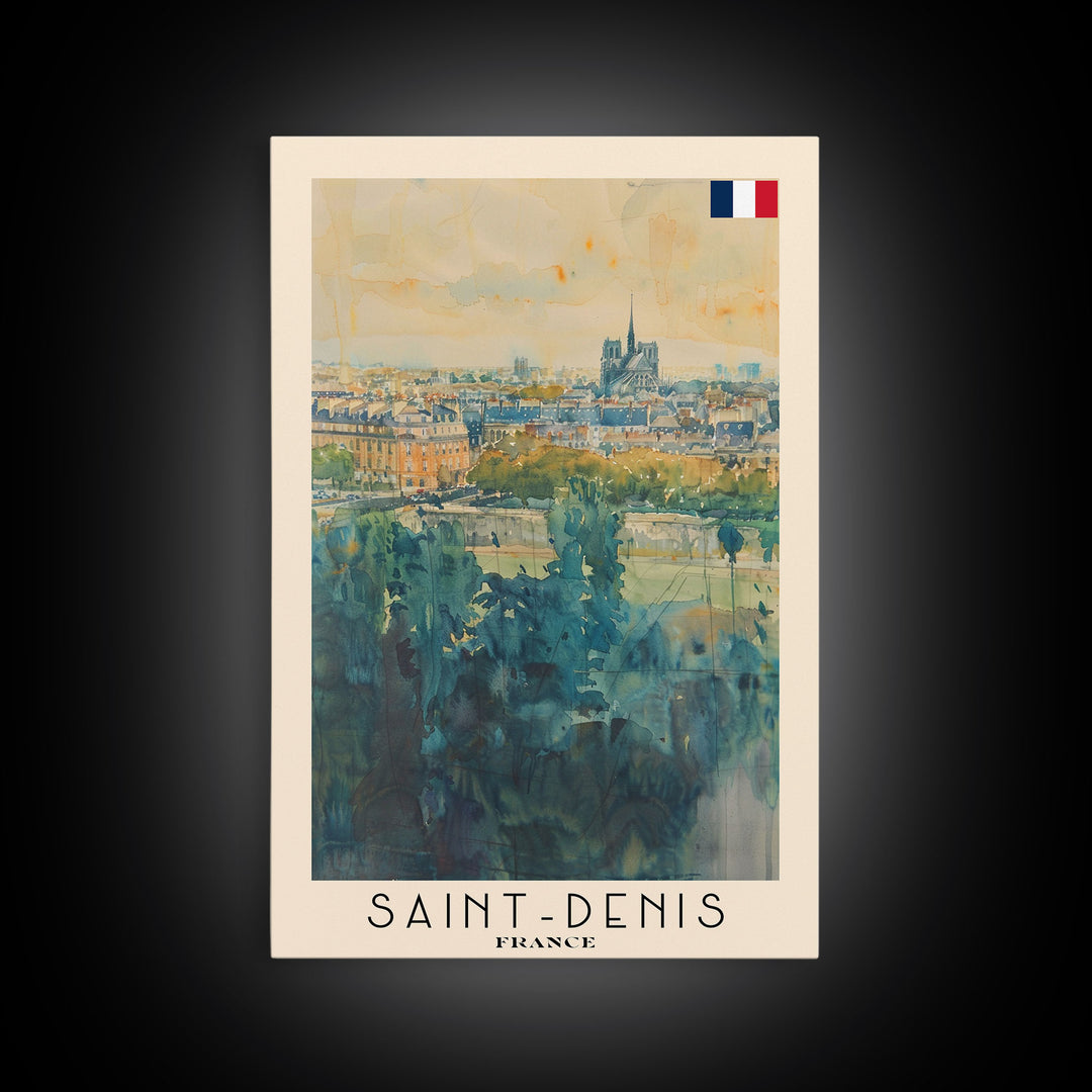 Saint Denis France Travel Poster Framed Canvas Print, Watercolor Painting, Historic Wall Art, Home Decor, French Cityscape, Vibrant Art