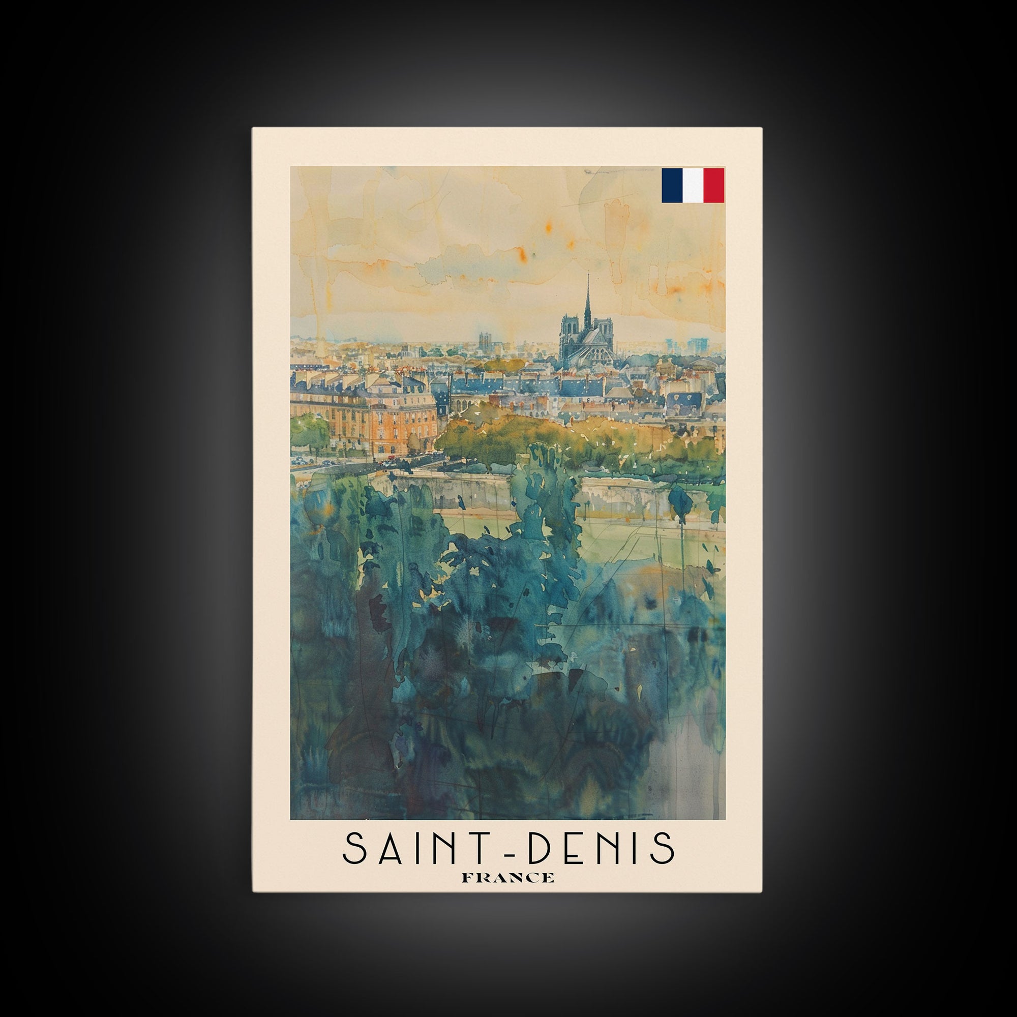 Saint Denis France Travel Poster Framed Canvas Print, Watercolor Painting, Historic Wall Art, Home Decor, French Cityscape, Vibrant Art