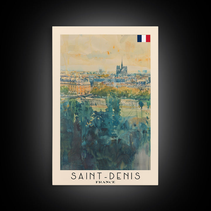 Saint Denis France Travel Poster Framed Canvas Print, Watercolor Painting, Historic Wall Art, Home Decor, French Cityscape, Vibrant Art