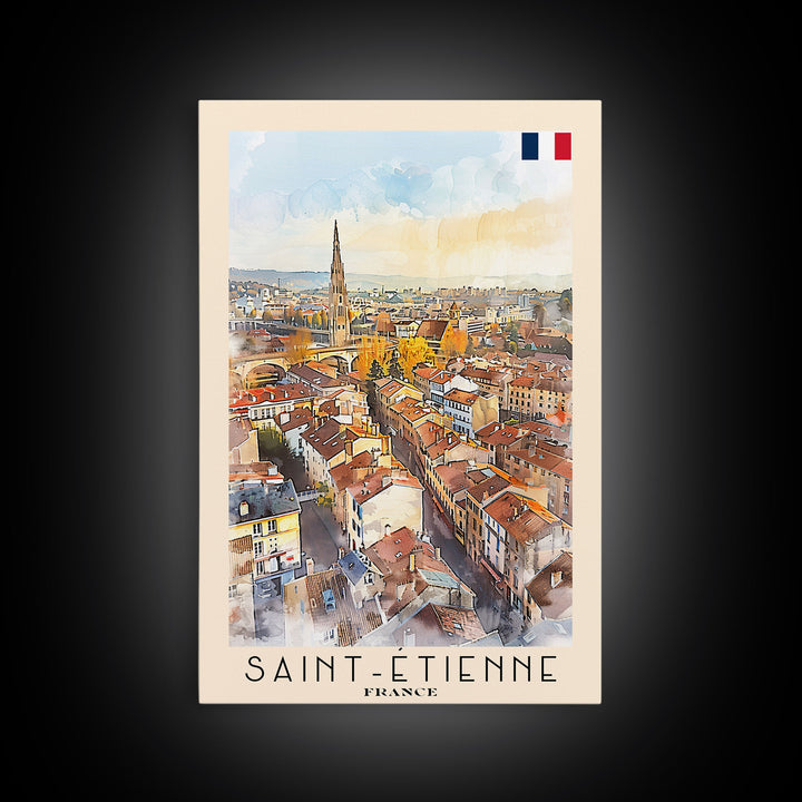 Saint Etienne France Travel Poster Framed Canvas Print, Watercolor Painting, Scenic Wall Art, Home Decor, French Cityscape, Classic Art