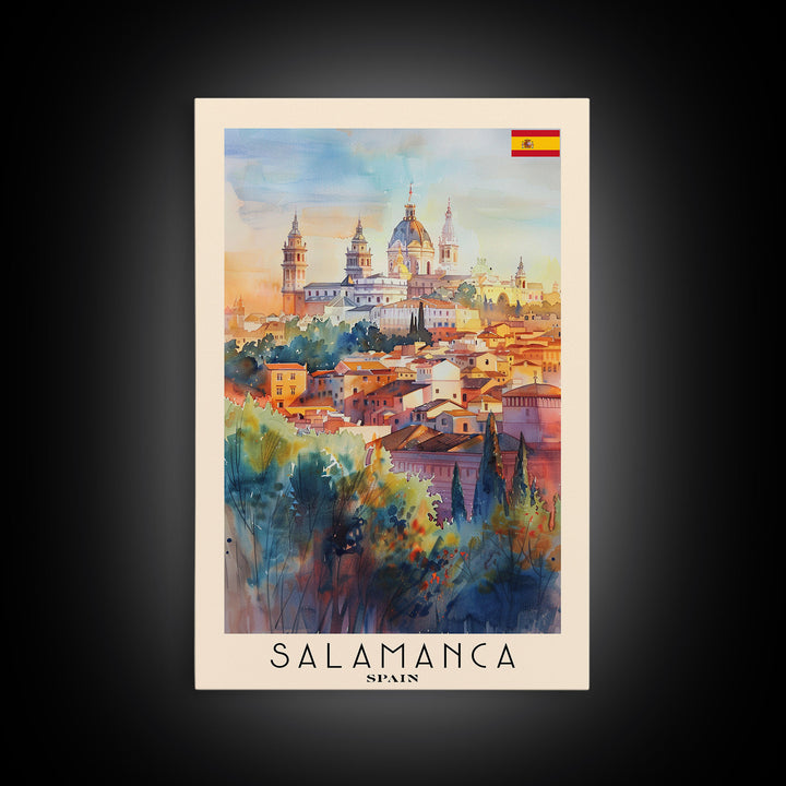 Salamanca Spain Travel Poster Framed Canvas Print, Watercolor Painting, Scenic Wall Art, Home Decor, Spanish Cityscape, Artistic Decor