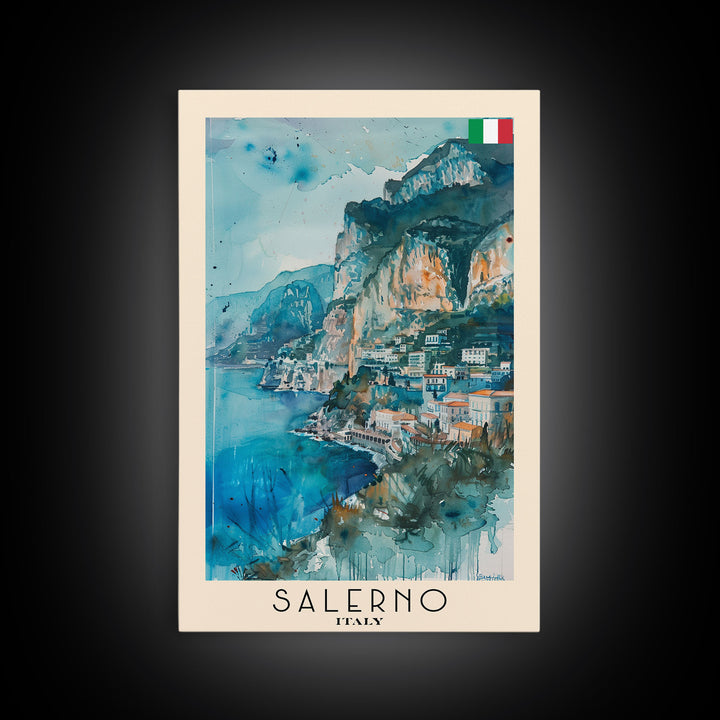 Salerno Italy Travel Poster Framed Canvas Print, Watercolor Painting, Coastal Wall Art, Home Decor, Italian Seaside, Modern Art