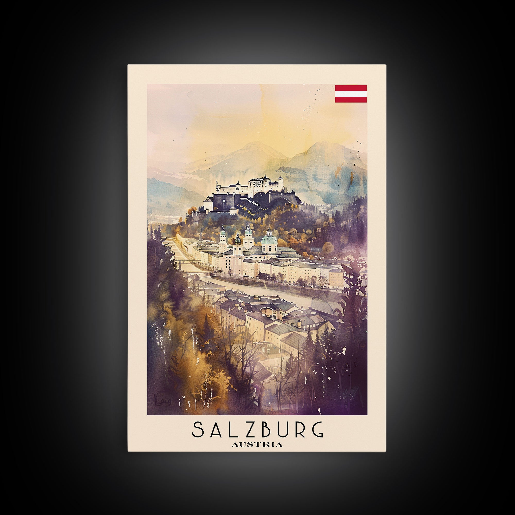 Salzburg Austria Travel Poster Framed Canvas Print, Watercolor Painting, Historic Wall Art, Home Decor, Austrian Architecture, Classic Decor