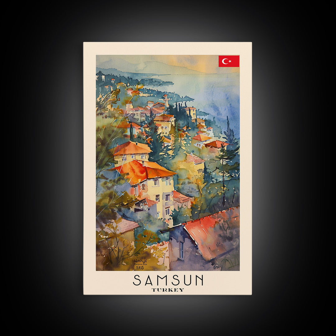 Samsun Turkey Travel Poster Framed Canvas Print, Watercolor Painting, Coastal Wall Art, Home Decor, Turkish Seaside, Modern Decor