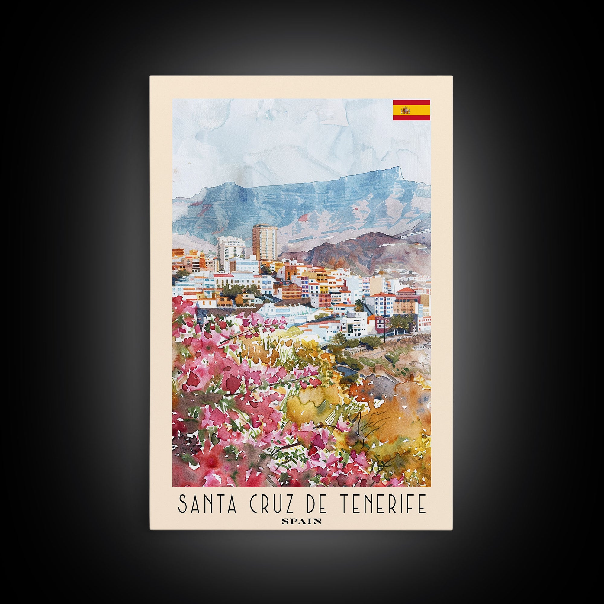 Santa Cruz de Tenerife Spain Travel Poster Framed Canvas Print, Watercolor Painting, Scenic Wall Art, Home Decor, Spanish Landscape, Modern Art