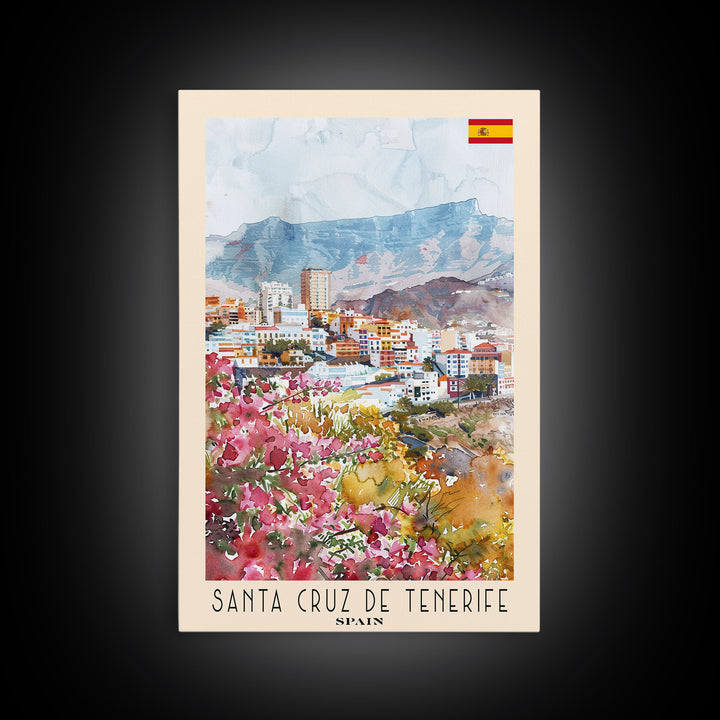 Santa Cruz de Tenerife Spain Travel Poster Framed Canvas Print, Watercolor Painting, Scenic Wall Art, Home Decor, Spanish Landscape, Modern Art