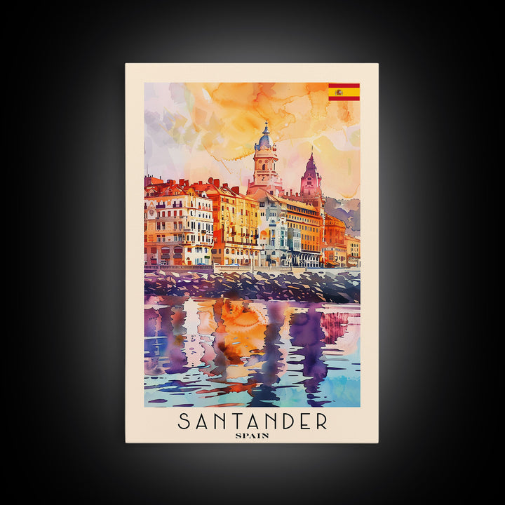 Santander Spain Travel Poster Framed Canvas Print, Watercolor Painting, Coastal Wall Art, Home Decor, Spanish Seaside, Vibrant Art